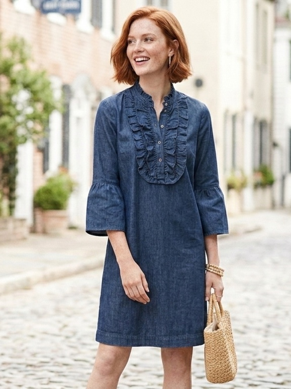 Draper James Dark Denim Sz 6 Ruffle Button-Front Bell Sleeve Shift Dress